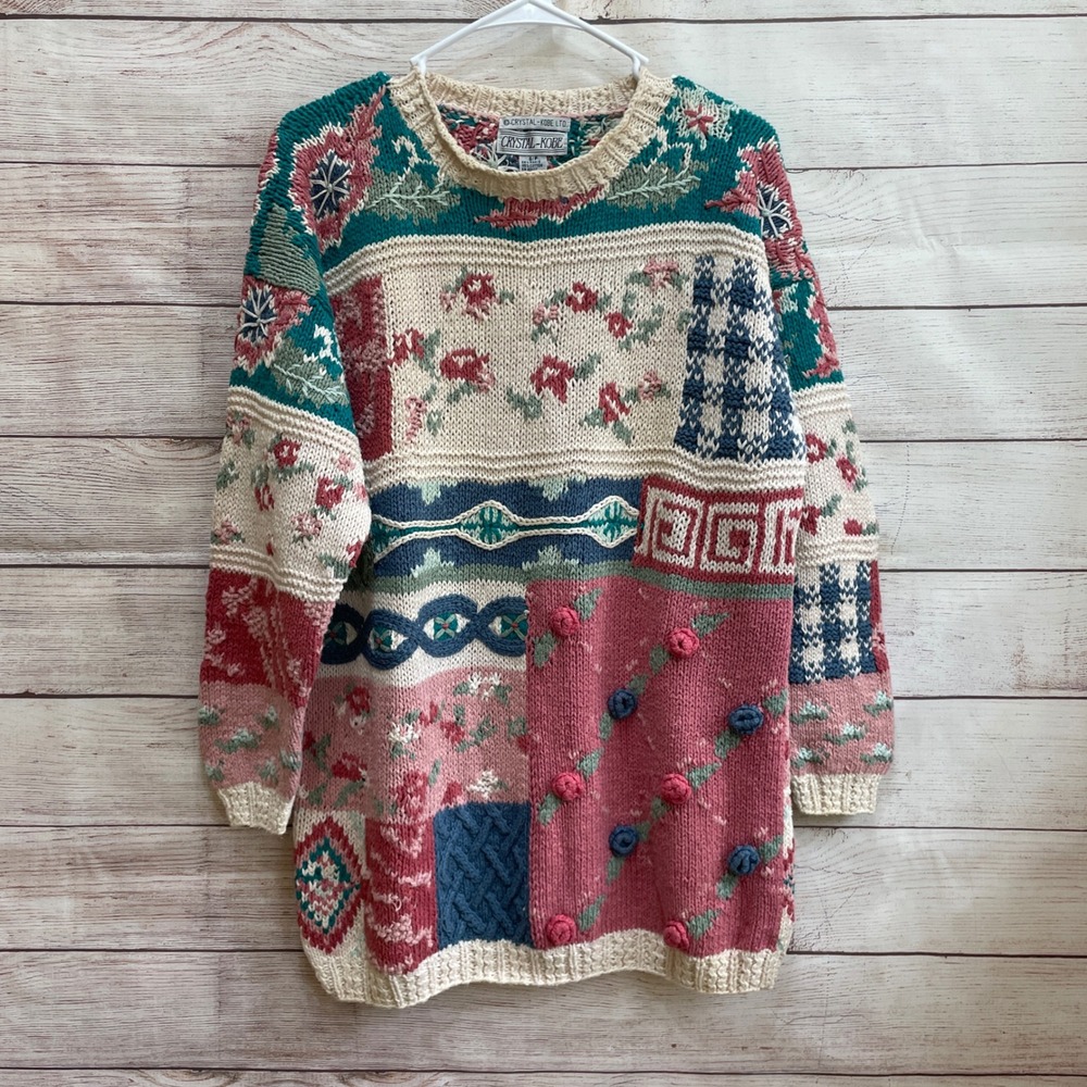 VINTAGE 90's CRYSTAL-‎ KOBE PATCHWORK KNIT SWEATER